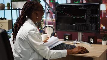 Happy day trader using PC, feeling satisfied after purchasing well performing stocks and selling at a profit. Cheerful forex trader joyous after making money with stock exchange portfolio, camera A video