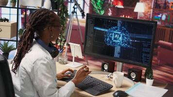 Overjoyed programmer happily clapping hands after finishing maintenance on neural networks. IT expert doing ecstatic fist pump in air hand gesture after successful checkup on AI systems, camera B video