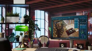 Architectural design 3D modeling program on computer screen showing rendered apartment interior design project. CAD software used for making home floor plans and virtual furniture video