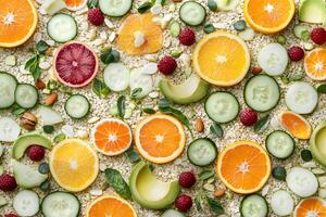 Vibrant Fruit and Vegetable Oatmeal Background Illustration photo