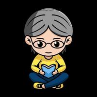 Bookworm chibi character reading a book, sitting cross legged in black background vector