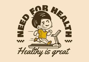 Need for health. Vintage boy character running on treadmill vector
