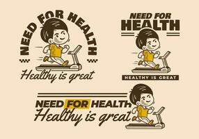 Need for health. Vintage boy character running on treadmill, in 3 version vector