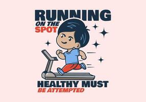 Running on the spot. Runner boy character running on walking pad. Good for t-shirt print vector