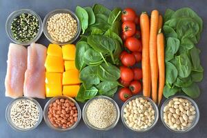 Healthy Food Ingredients Flat Lay Photography, A Vibrant and Nutritious Meal Prep Image photo