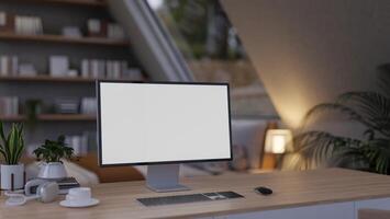 A close-up of a computer desk in a cozy, contemporary bedroom features a computer with a white screen mockup. photo