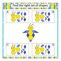 Logic puzzle for children. Find the correct set of cartoon bee. Preschool worksheet activity. Answer is B. vector