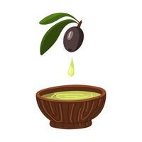 Olive oil drips from a black olive into a plate. A branch with a natural olive. Menu design element, labels, packaging, highlighted on a white background. Isolated flat group illustration on white. vector