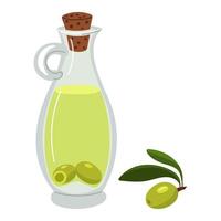 Bottle of homemade Olive oil, closed, with green olives inside. Flat illustration. transparent glass container with handle is covered with cork lid for home use next to branch. recipes for dishes made vector