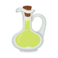 jug of homemade olive oil is closed. The flat illustration is isolated on white. A transparent glass container with a handle is covered with a cork lid for home use. For recipes of natural dishes vector