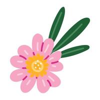 tropical flower in a flat style. plumeria is blooming with leaves, highlighted on a white. Isolated botany is colored on white. pink flower with a yellow core and small leaves. For packaging vector