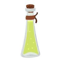 bottle of homemade olive oil is closed. flat illustration is isolated on white. A transparent glass elongated bottle with a thread is closed with a cork lid for home use. For recipes of natural dishes vector