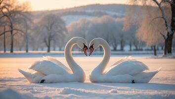 Swans form heart shape at sunset in snowy park. photo