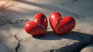 Two red hearts split apart on a stone surface for a symbolic Valentine's Day image. photo