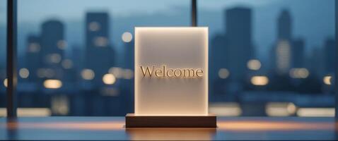 Warm illuminated welcome sign on an elegant wooden desk with evening city lights in the background. photo