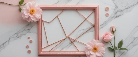 White marble texture with soft pink rose gold geometric frame and glitter accents perfect for modern aesthetic background with a luxurious and elegant touch for graphic design template photo