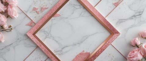 White marble texture with soft pink rose gold geometric frame and glitter accents perfect for modern aesthetic background with a luxurious and elegant touch for graphic design template. photo