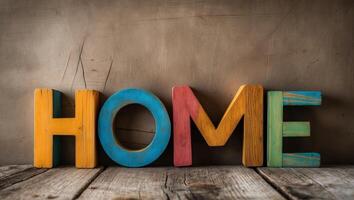 Four colorful wooden blocks spelling home resting on a rustic wooden surface. photo