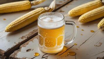 Refreshing beer in a glass mug and corn cobs on rustic wooden table setting. photo