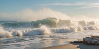 Majestic Ocean Waves Crashing into the Shore with Sunlight Streaming Through. photo