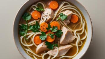 A top down close up shot of a bowl of noodle soup with chicken carrots and parsley. photo