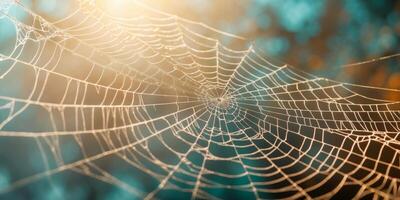 Intricate Spiderweb Texture Abstract Background of Nature s Design with Golden Hues and Teal Accents. photo