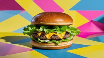 Vibrant burger presentation on colorful geometric backdrop with playful shadows and angles. photo