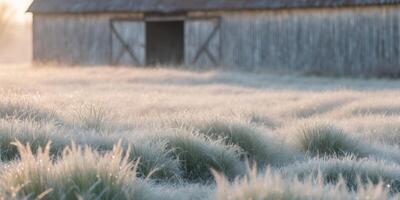 Frosty Morning Light on Grass with Barn Backdrop photo