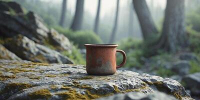 Rustic Enamel Mug on a Rocky Surface with a Nature Background. photo