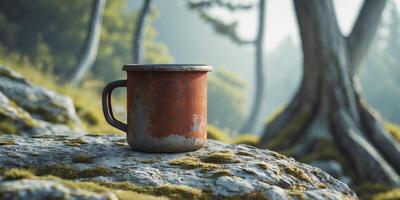 Rustic Enamel Mug on a Rocky Surface with a Nature Background photo