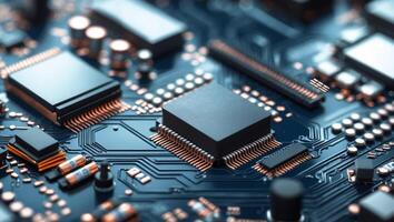 Abstract circuitry technology of electronic computer hardware on a background of circuit board photo