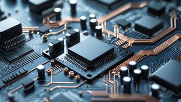 Abstract circuitry technology of electronic computer hardware on a background of circuit board. photo