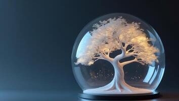 Futuristic glowing tree encased in glass dome photo