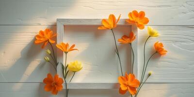 Spring background of wooden surface with frame of orange and yellow flowers. photo