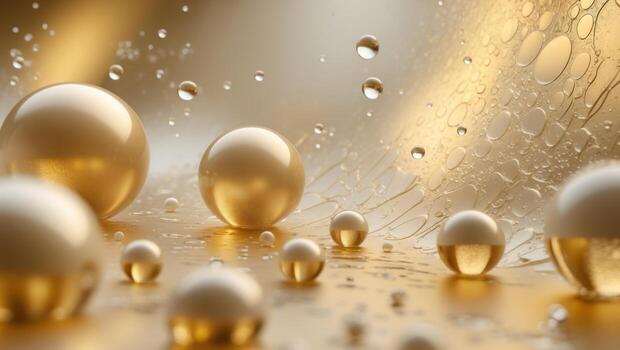 resumen dorado antecedentes con flotante esferas y agua gotas. foto