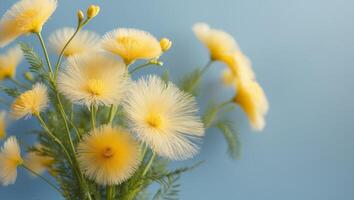 Mimosa flowers bouquet on blue background with copy space photo