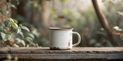 Rustic White Enamel Mug on Wooden Surface in Natural Setting. photo