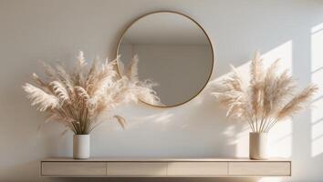 Stylish home decor featuring round mirror and pampas grass in a serene living room setting. photo