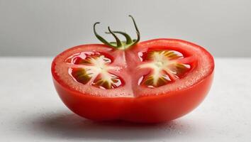 Juicy Red Tomato Cut in Half Showing Seeds and Pulp Vibrant and Fresh photo