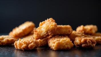 Close up freshly fried boneless chicken nuggets with black background photo