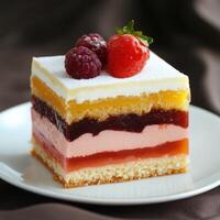 Colorful dessert cake layered with jelly, fruits, and cream on a white plate photo