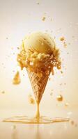 Creamy corn ice cream topped with rich caramel sauce drips from a waffle cone in a captivating display photo