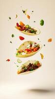 Vibrant Latin American culinary delight showcasing floating tacos with fresh ingredients and bold colors photo