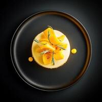 Delightful mango dessert with chili accents presented on a sleek black plate photo