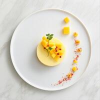 Mango and chili dessert artfully arranged on a white plate showcasing vibrant colors and textures photo