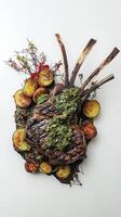 Grilled steak served with vibrant chimichurri sauce alongside roasted vegetables for a delicious meal photo