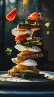 Colorful stacked toast with avocado, poached eggs, and fresh vegetables on a plate in a bright setting photo