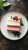 Delicious layered dessert with jelly and cream on a rustic plate surrounded by fresh fruits and mint leaves photo