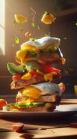 Delicious tower of toasts topped with avocado, poached eggs, and fresh vegetables in a bright kitchen setting photo