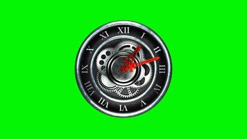 Old Silver Analog Clock with Roman Numerals and Spinning Minute and Hour Hands in Loop Animation on Green Screen Chroma Key video